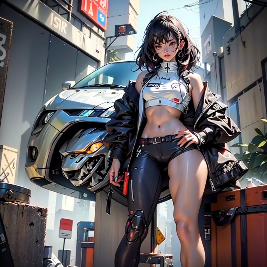Woman body defined thick thighs cybernetic body parts, bikini,