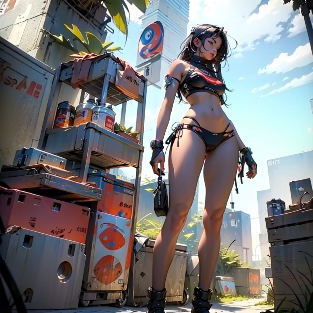 Woman body defined thick thighs cybernetic body parts, bikini,