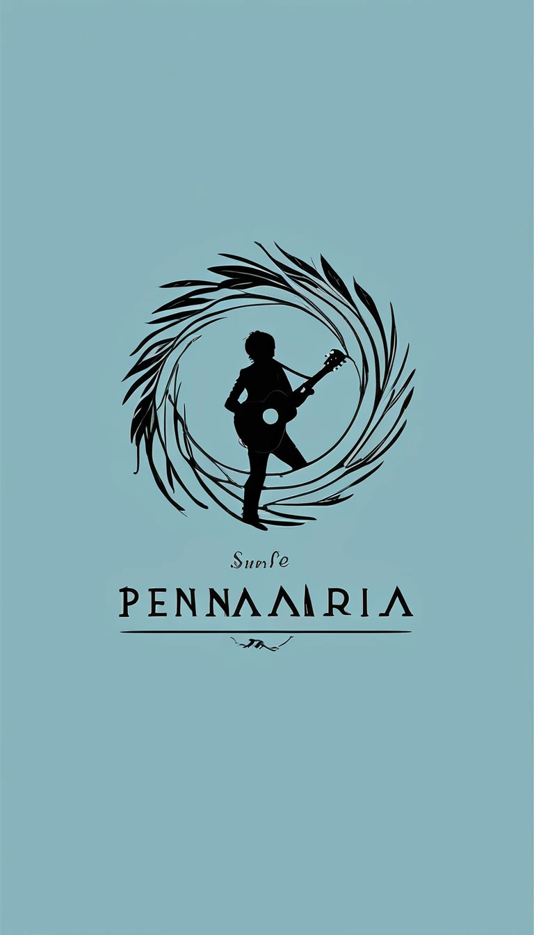 A minimal, modern, simple, cinematic logo design for the brand “Penamemoria". The logo design must be a simple, silhouette of a boy, standing up, playing acoustic guitar and fantasy feather by his side. The logo must convey a sense of music, stories, memories and dreams. Logo design impressed on a book cover. Minimalistic logo. Light blue, soft white and light golden as colors for the logo design