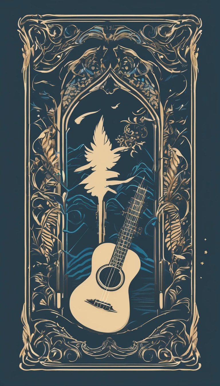 A minimal, modern, simple, cinematic logo design for the brand “Penamemoria". The logo design must be a simple, silhouette of a boy, standing up, playing acoustic guitar and fantasy feather by his side. The logo must convey a sense of music, stories, memories and dreams. Logo design impressed on a book cover. Minimalistic logo. Light blue, soft white and light golden as colors for the logo design