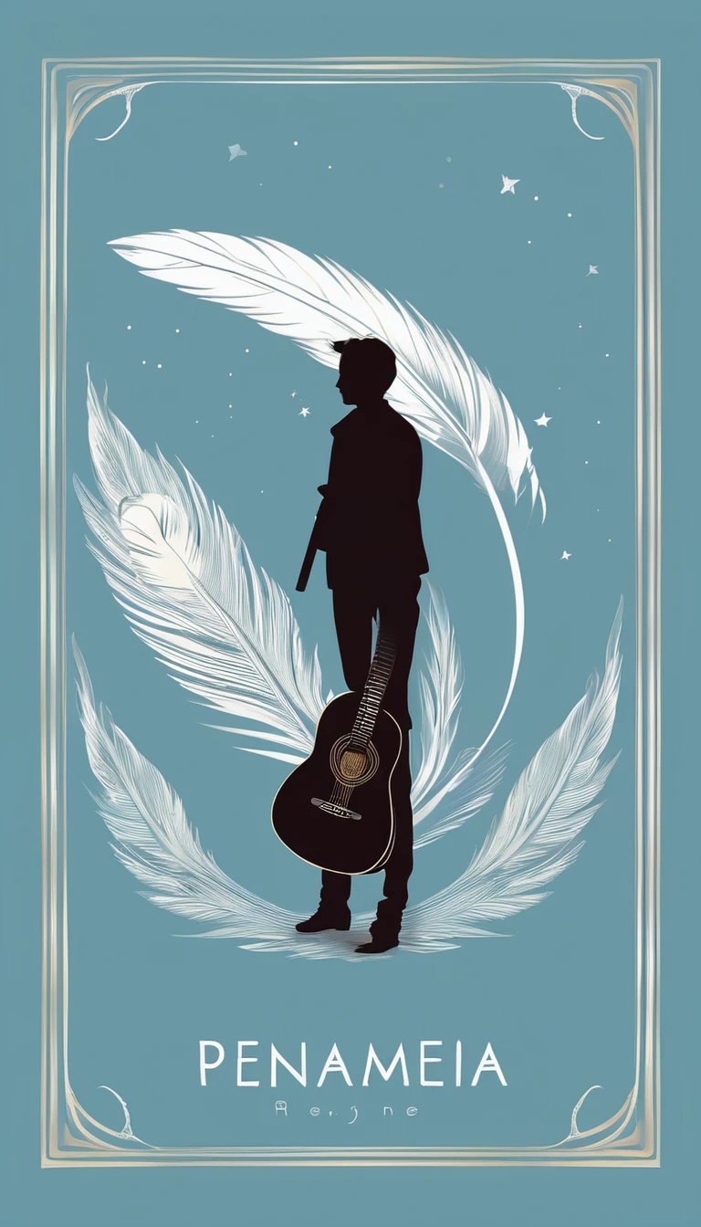 A minimal, modern, simple, cinematic logo design for the brand “Penamemoria". The logo design must be a simple, silhouette of a boy, standing up, playing acoustic guitar and fantasy feather by his side. The logo must convey a sense of music, stories, memories and dreams. Logo design impressed on a book cover. Minimalistic logo. Light blue, soft white and light golden as colors for the logo design