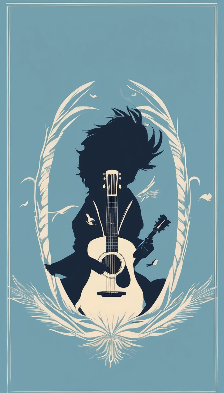 A minimal, modern, simple, cinematic logo design for the brand “Penamemoria". The logo design must be a simple, silhouette of a boy, standing up, playing acoustic guitar and fantasy feather by his side. The logo must convey a sense of music, stories, memories and dreams. Logo design impressed on a book cover. Minimalistic logo. Light blue, soft white and light golden as colors for the logo design