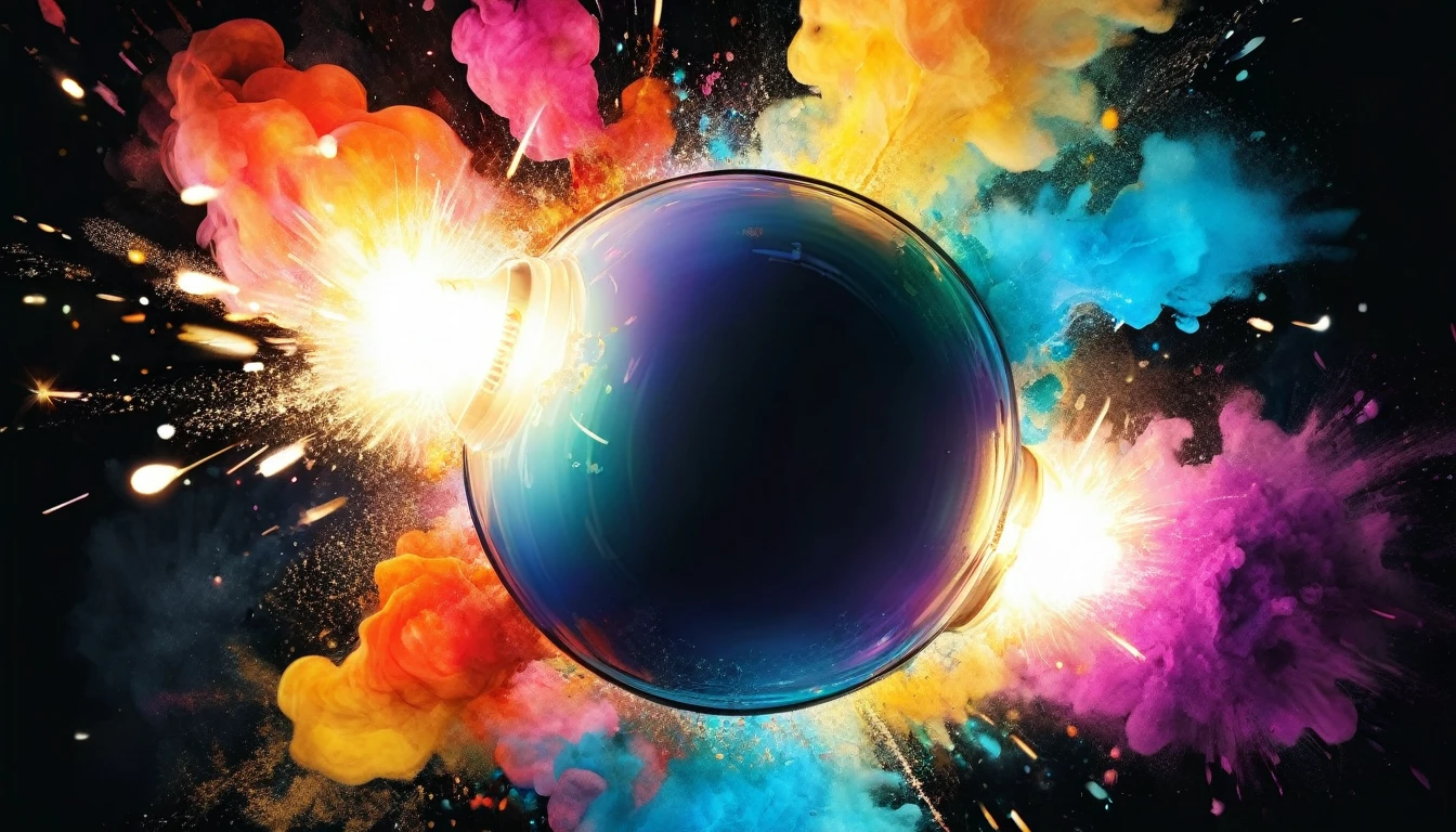 Create a stunning 3D illustration with a shiny white round light bulb at the center, surrounded by an explosive burst of fine watercolor powder. Each particle in the burst should glow with a metallic sheen. The dynamic spread of colors against a solid black backdrop should create a striking contrast, highlighting the light bulb and emphasizing the brilliance of the metallic elements.