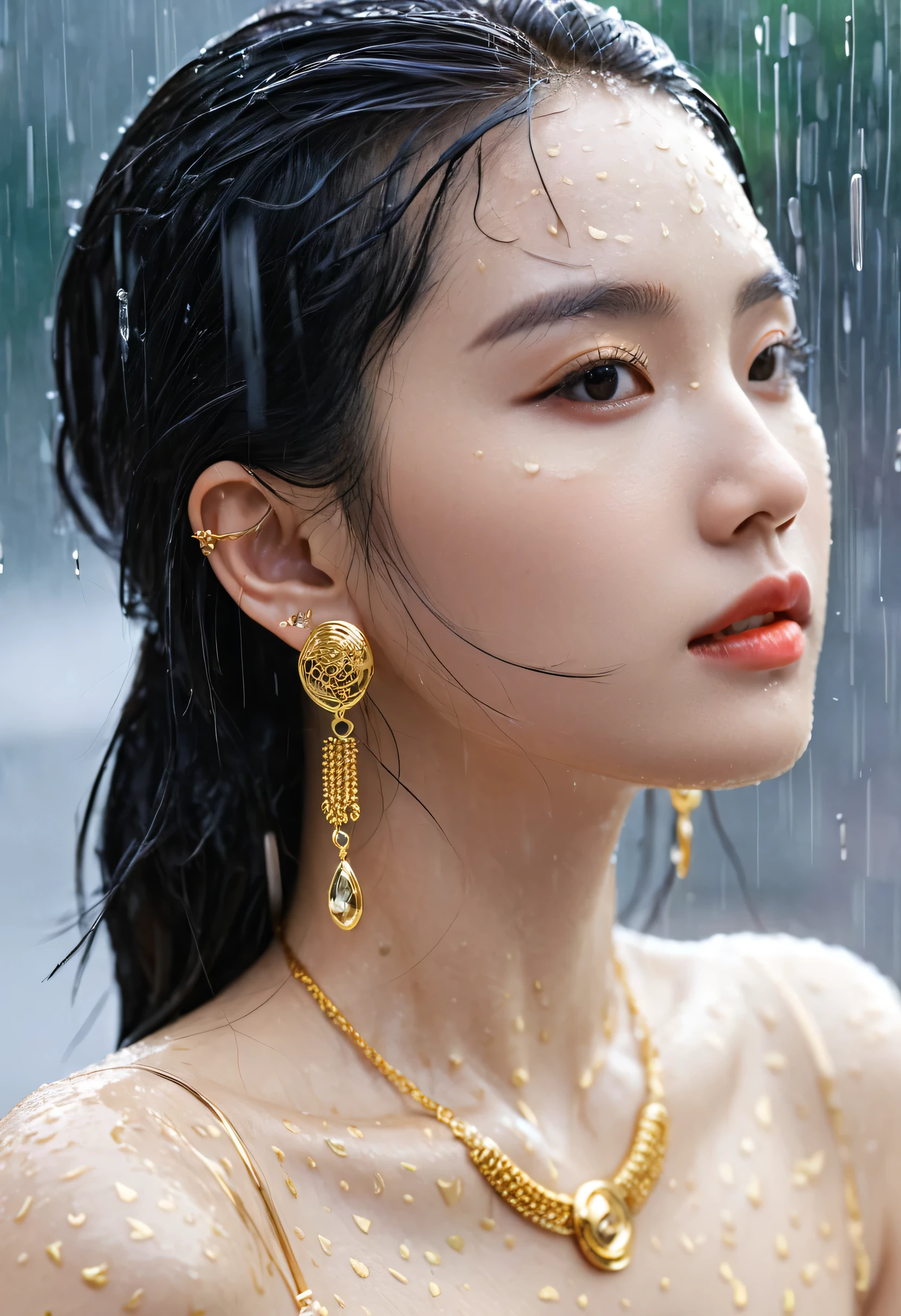 Gold Tattoo,Girl with gold earrings in the rain, Using VRay tracking style, Martin, yuumei, Inverted, close up, Dark white and gold, sketch, masterpiece, best quality,
