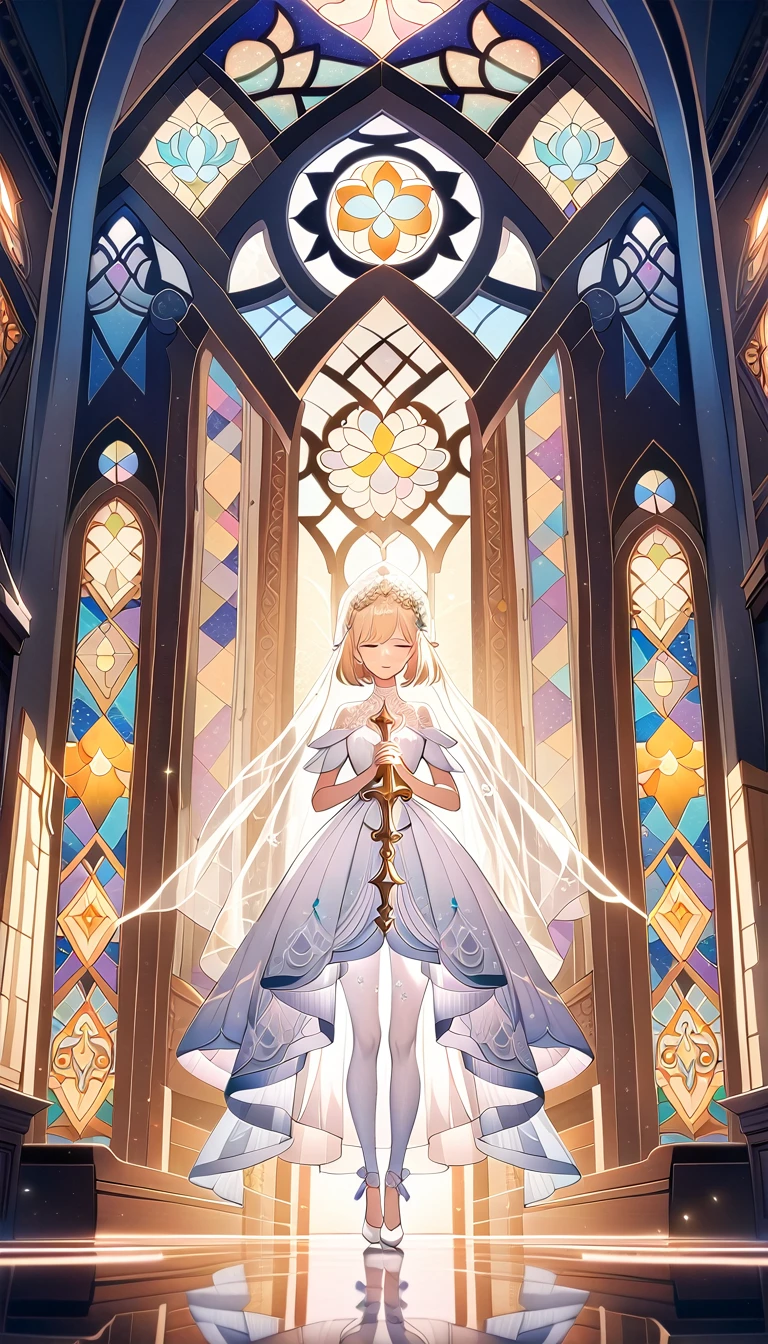 1girl ,20s,light blonde hair,short hair,white high heels,white pantyhose,pointy ears,church, stained glass, in a glowing dress, fantastical, illuminated, serene, majestic, colorful, reflective, ethereal, spiritual, tranquil, vibrant, intricate, patterned, ornate, mystical, elegant, shimmering, radiant, graceful, peaceful, historic, sacred, artistic, dreamy, whimsical, solemn, enchanting, divine,Wedding veil, holding a crucifix with both hands