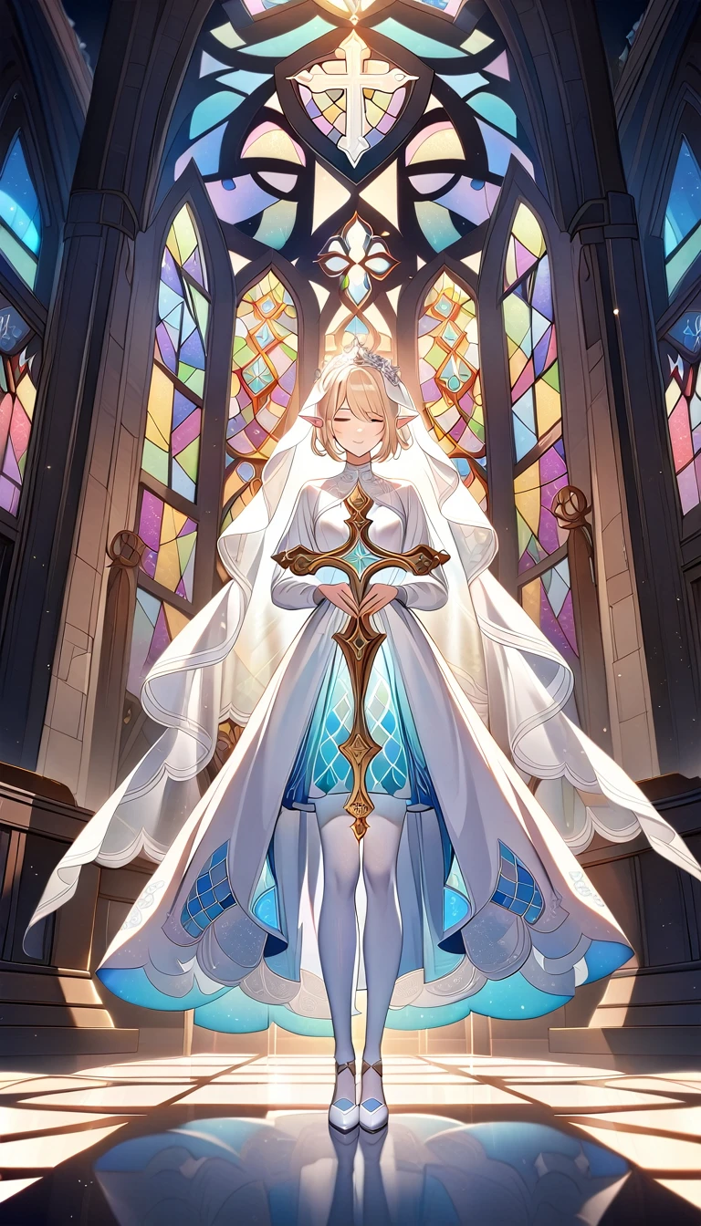 1girl ,20s,light blonde hair,short hair,white high heels,white pantyhose,pointy ears,church, stained glass, in a glowing dress, fantastical, illuminated, serene, majestic, colorful, reflective, ethereal, spiritual, tranquil, vibrant, intricate, patterned, ornate, mystical, elegant, shimmering, radiant, graceful, peaceful, historic, sacred, artistic, dreamy, whimsical, solemn, enchanting, divine,Wedding veil, holding a crucifix with both hands