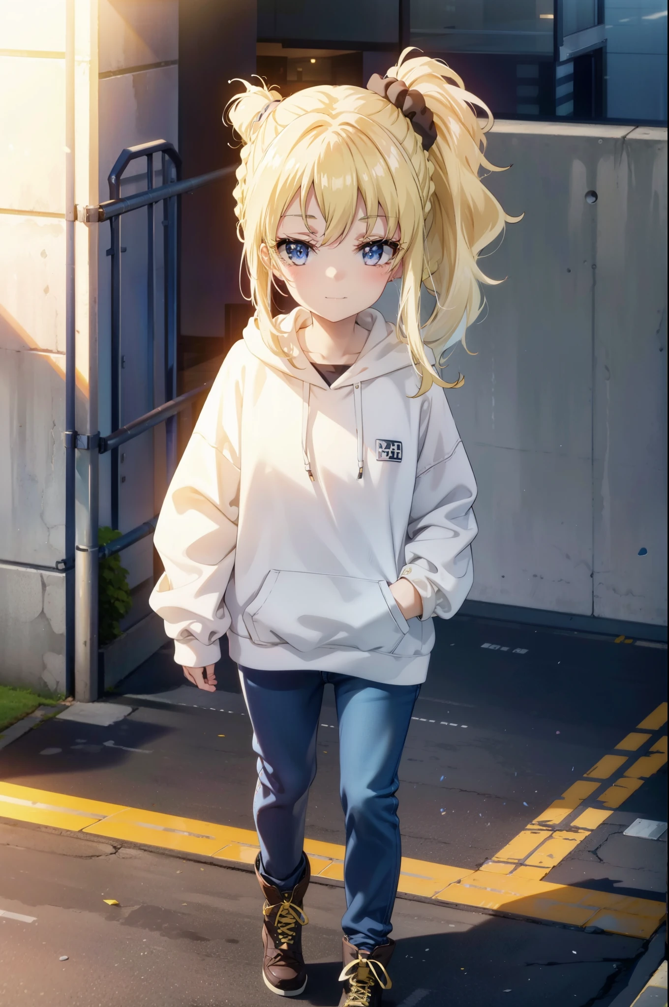 handed over, nodoka toyohama, bangs, blue eyes, Blonde, hair ornaments, Side Lock, Side Ponytail, Scrunchie, hair Scrunchie, blue Scrunchie, Braiding,happy smile, smile, Close your mouth,blush,Oversized yellow hoodie,jeans,short boots,Walking,whole bodyがイラストに入るように,Daytime,Cold Sky,
break outdoors, Building district,
break looking at viewer, whole body,
break (masterpiece:1.2), Highest quality, High resolution, unity 8k wallpaper, (figure:0.8), (Beautiful attention to detail:1.6), Highly detailed face, Perfect lighting, Highly detailed CG, (Perfect hands, Perfect Anatomy),