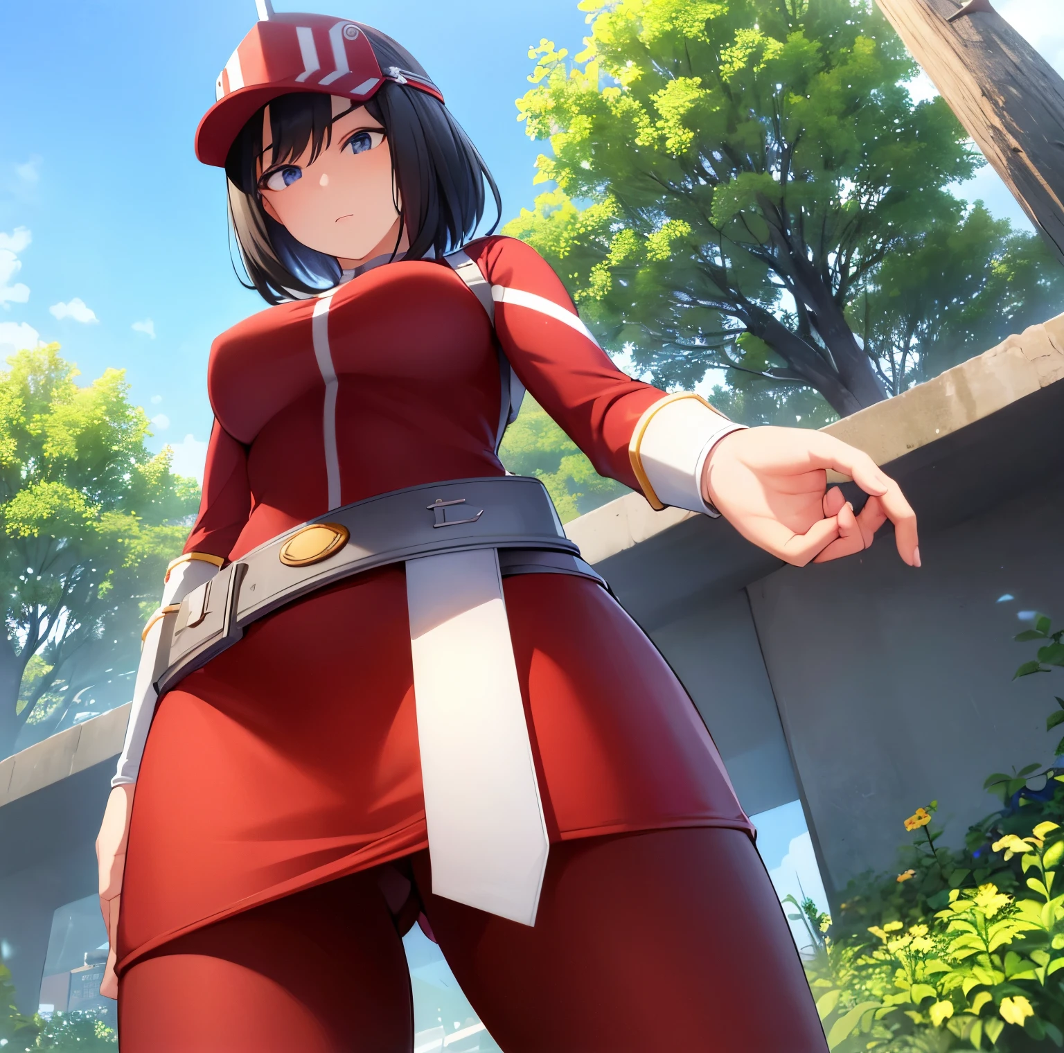 1 girl, alone, yui kodai, artwork, detailed, sharp focus, detailed eyes, looking at viewer, cowboy shot, black horse, short hair, black eyes, frown, blushing, mouth closed, teacher, best quality, ((cap with visor)), (tight red suit)),((red spandex suit)),(white details),((belt)),long sleeves, ((white skirt)),((white boots) ), large breasts, medium waist, wide hips, medium thighs, round butt, standing, outdoors, school, garden, yard, looking forward, ((focus on breasts)), point of view (from below) , perfect hands, perfect anatomy.