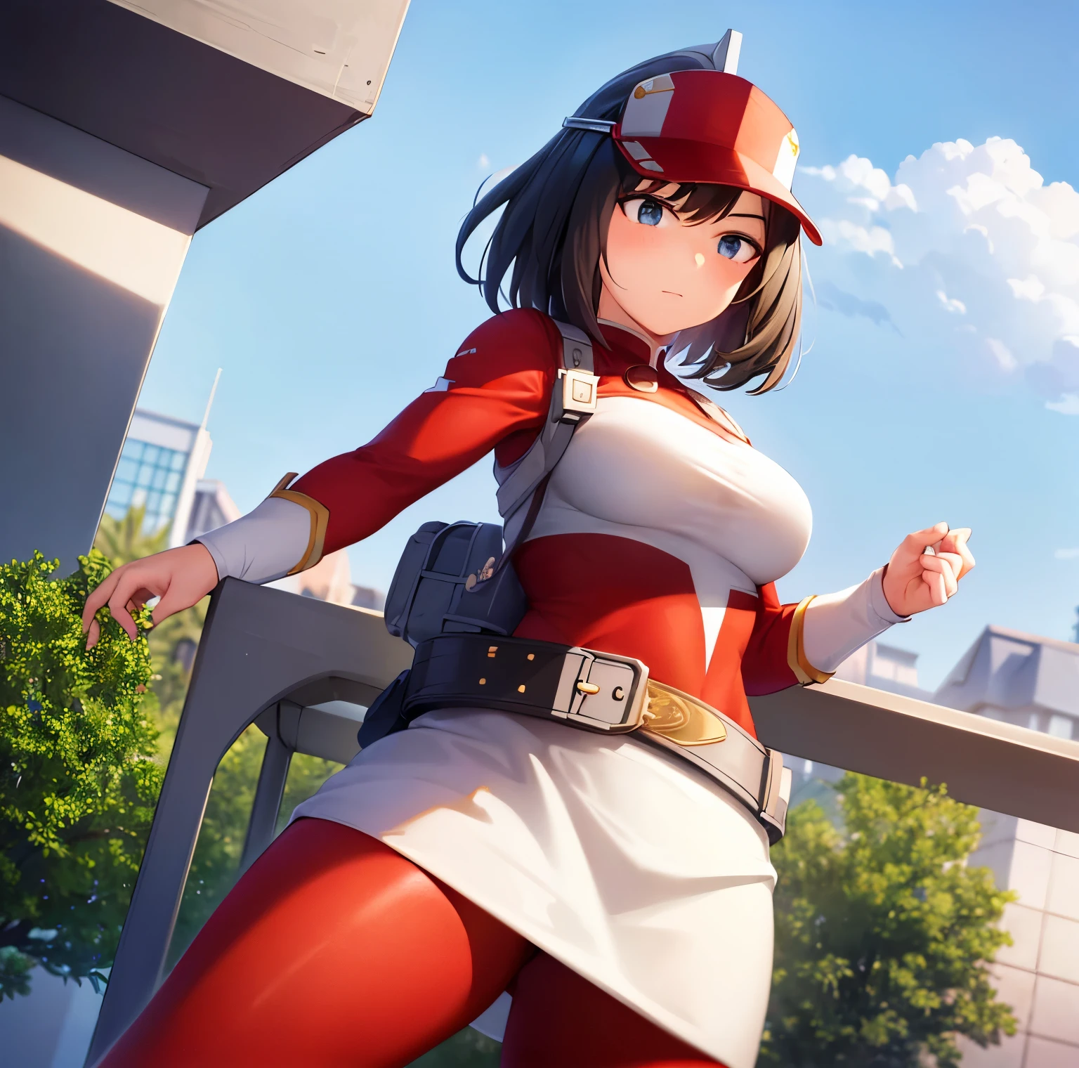 1 girl, alone, yui kodai, artwork, detailed, sharp focus, detailed eyes, looking at viewer, cowboy shot, black horse, short hair, black eyes, frown, blushing, mouth closed, teacher, best quality, ((cap with visor)), (tight red suit)),((red spandex suit)),(white details),((belt)),long sleeves, ((white skirt)),((white boots) ), large breasts, medium waist, wide hips, medium thighs, round butt, standing, outdoors, school, garden, yard, looking forward, ((focus on breasts)), point of view (from below) , perfect hands, perfect anatomy.