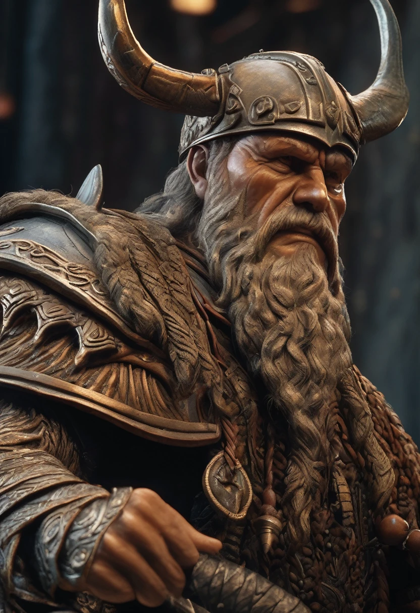 (Award-winning masterpiece:1.5), (incredible detail), (hyper realistic:1.4), (whole body:1.7), (viking chief addressing his people), (brutal creature's head on a spike), (detailed depiction of resilience and determination), (dramatic lighting), (intricate details:1.1)