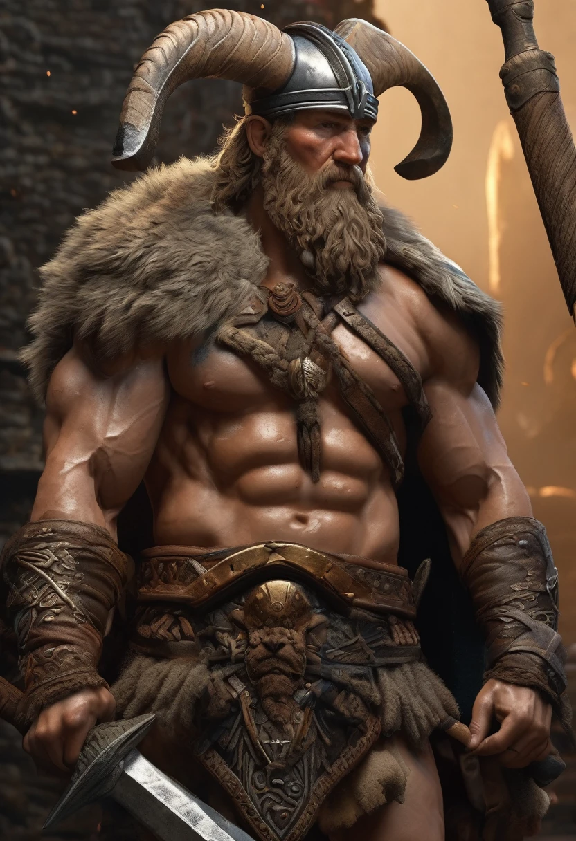(Award-winning masterpiece:1.5), (incredible detail), (hyper realistic:1.4), (whole body:1.7), (viking chief addressing his people), (brutal creature's head on a spike), (detailed depiction of resilience and determination), (dramatic lighting), (intricate details:1.1)