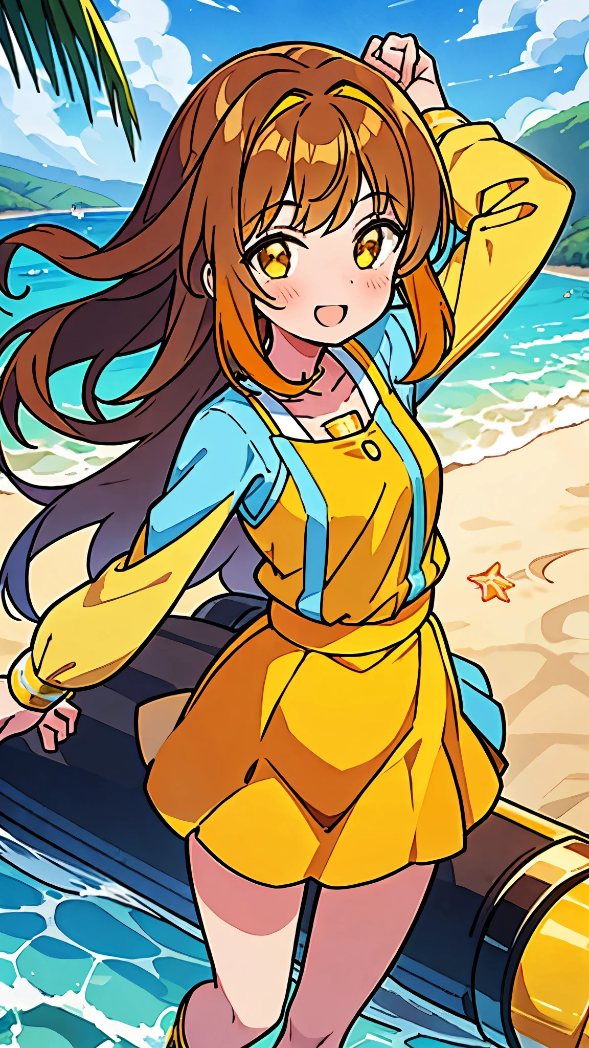 Elena Mori, age girl, long tawny hair, wearing a yellow blouse with quarter sleeves, orange cuffs, collar, and buttons, wearing a swirling blue crystal necklace and a yellow tank-top underneath, along with an orange miniskirt and a pair of slip-on orange and yellow with yellow socks, smile, beautiful, background on the beach in the morning.