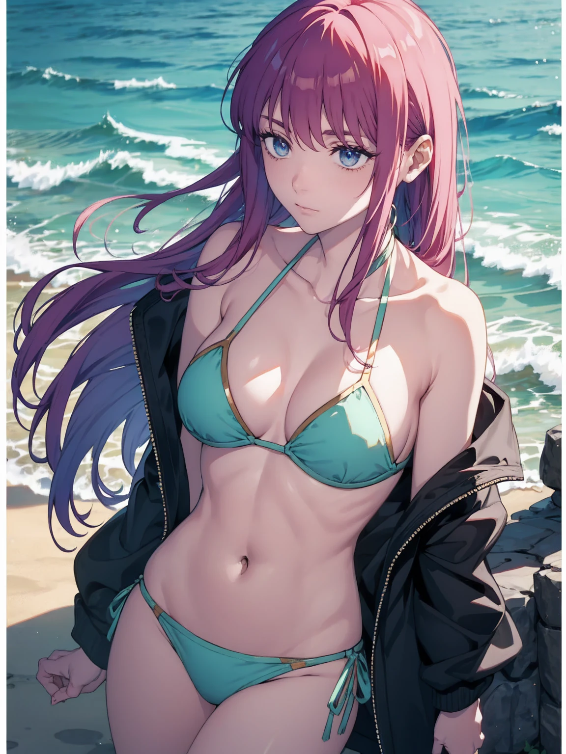 White off-the-shoulder bikini on the beach in Palau(Bikini without shoulder straps、No shoulder strap、Show your shoulders)Surreal Japanese Portraits,Works that influenced Antonio Lopez'technology, Close zipper, Ron Mueck, Richard Estes, Marilyn Minter、Purple and blue gradation eyes enveloped in the mystery of the universe,(String Bikini:1.2)、Perfect lighting, (Perfect hands, Perfect Anatomy)、whole body(1:2)、that'that'the wind is strong、Excellent style,Complete body balance、Dynamic Acid Pose(1:2)、(16:Specializing in aspect ratio 9),sunglasses、Stiletto heels