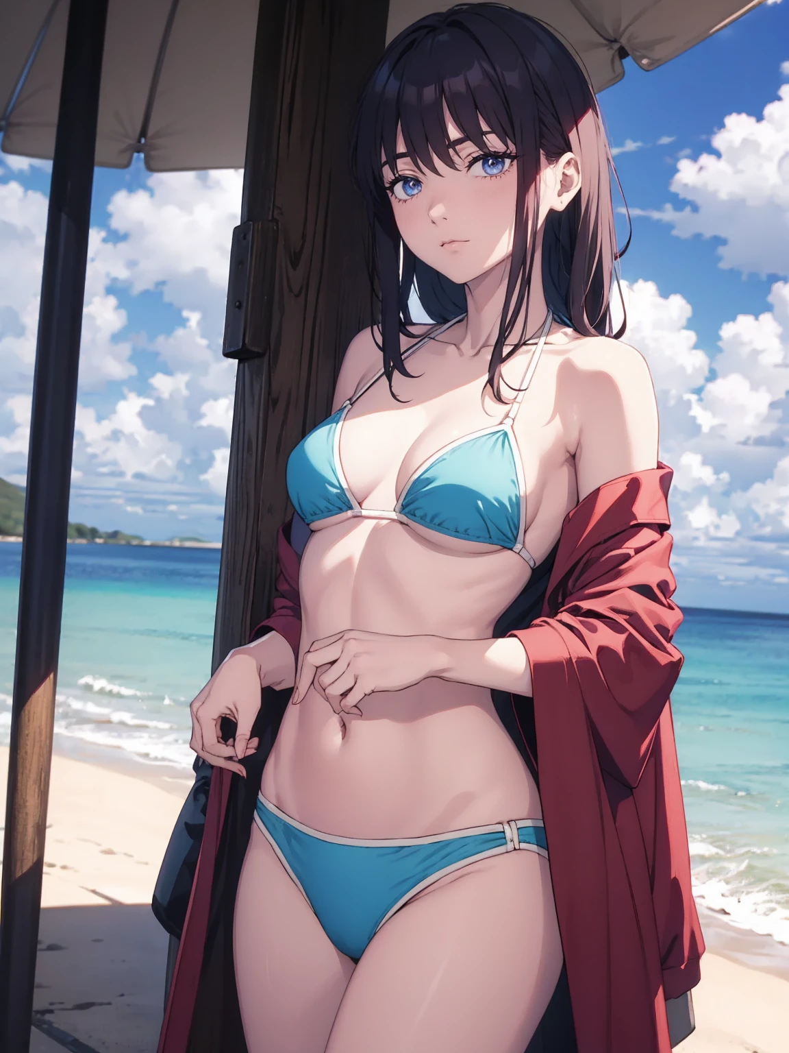 White off-the-shoulder bikini on the beach in Palau（Bikini without shoulder straps、No shoulder strap、Show your shoulders）Surreal Japanese Portraits,Works that influenced Antonio Lopez'technology, Close zipper, Ron Mueck, Richard Estes, Marilyn Minter、Purple and blue gradation eyes enveloped in the mystery of the universe,(String Bikini:1.2)、Perfect lighting, (Perfect hands, Perfect )、whole body（1:2）、that'that'the wind is strong、Excellent style,Complete body balance、Dynamic Acid Pose（1:2）、（16:Specializing in aspect ratio 9）,sunglasses、Stiletto heels
