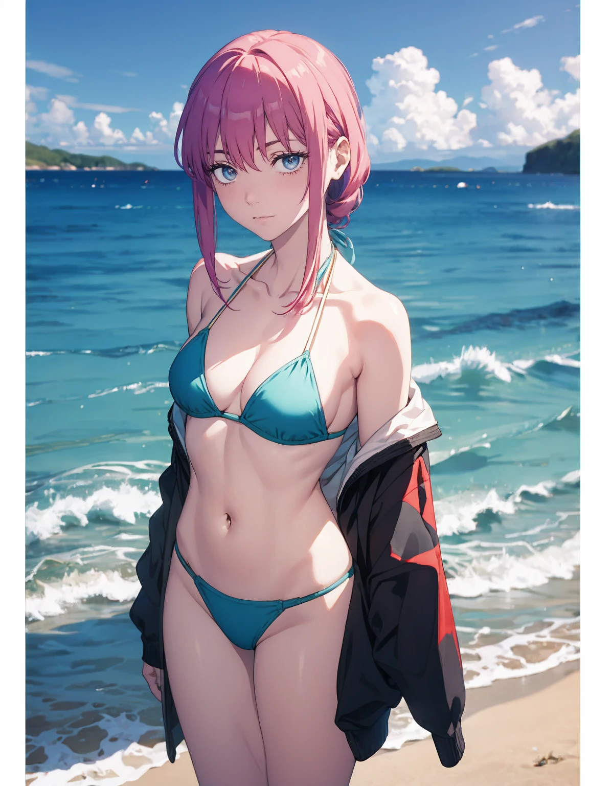 White off-the-shoulder bikini on the beach in Palau（Bikini without shoulder straps、No shoulder strap、Show your shoulders）Surreal Japanese Portraits,Works that influenced Antonio Lopez&#39;technology, Close zipper, Ron Mueck, Richard Estes, Marilyn Minter、Purple and blue gradation eyes enveloped in the mystery of the universe,(String Bikini:1.2)、Perfect lighting, (Perfect hands, Perfect Anatomy)、whole body（1:2）、that&#39;that&#39;the wind is strong、Excellent style,Complete body balance、Dynamic Acid Pose（1:2）、（16:Specializing in aspect ratio 9）,sunglasses、Stiletto heels
