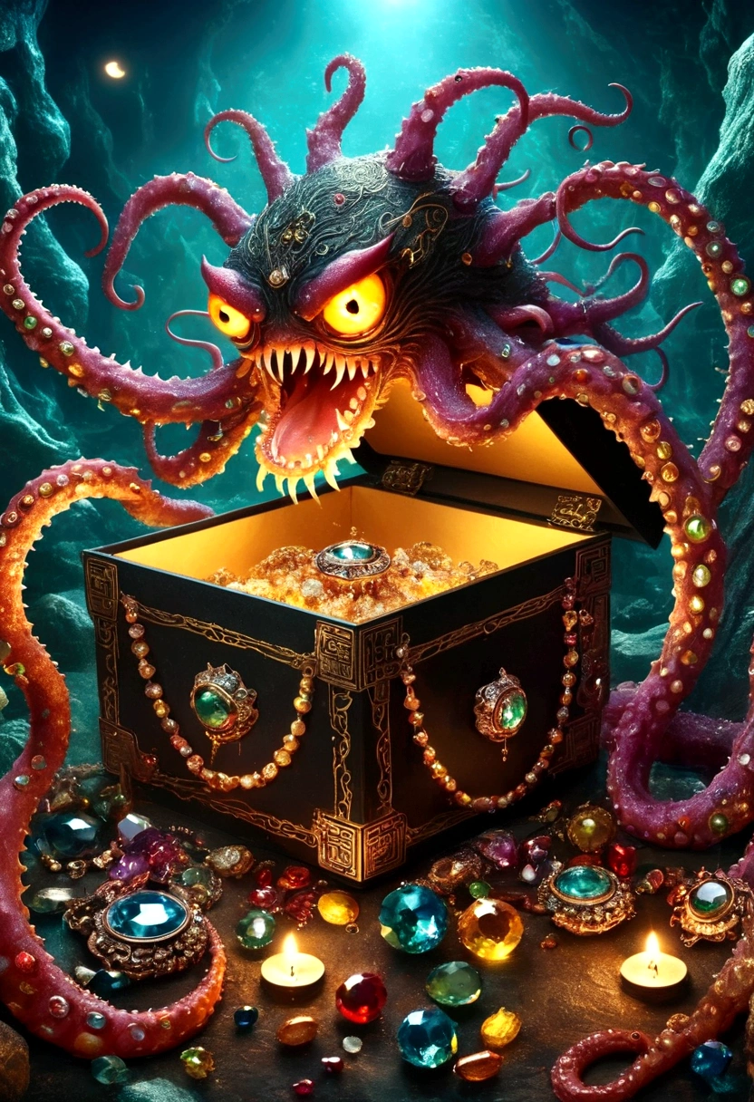 dark，fear，Strange box monster full of jewels - one eye - sharp teeth - ugly，Long tentacles，Scattered jewelry,greedy