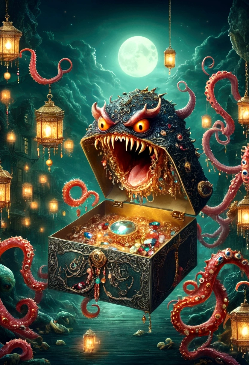 dark，fear，Strange box monster full of jewels - one eye - sharp teeth - ugly，Long tentacles，Scattered jewelry,greedy