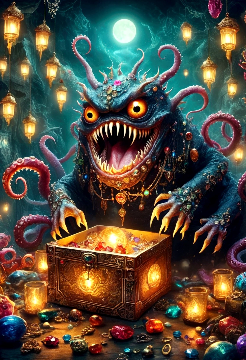 dark，fear，Strange box monster full of jewels - one eye - sharp teeth - ugly，Long tentacles，Scattered jewelry,greedy