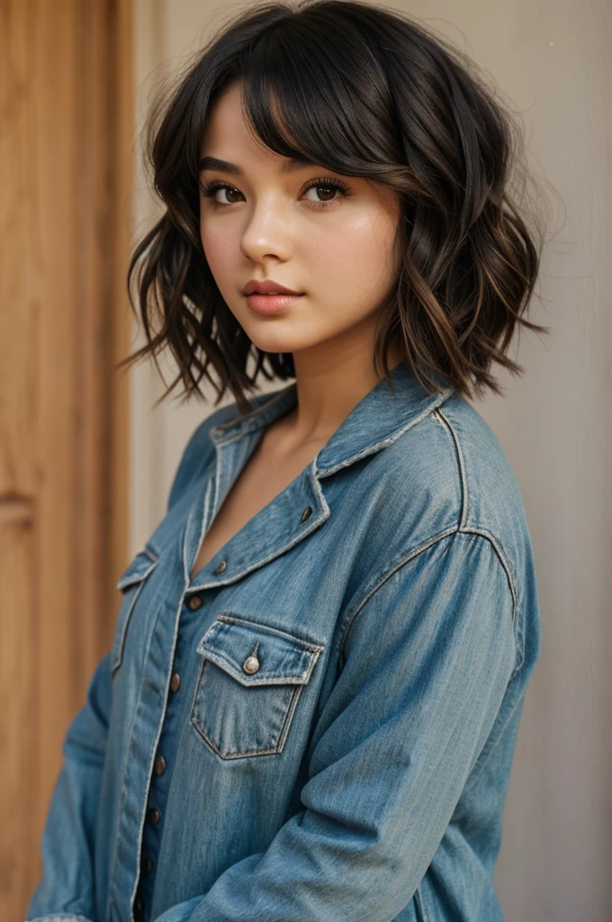 A girl with medium short wavy hair with thick lips