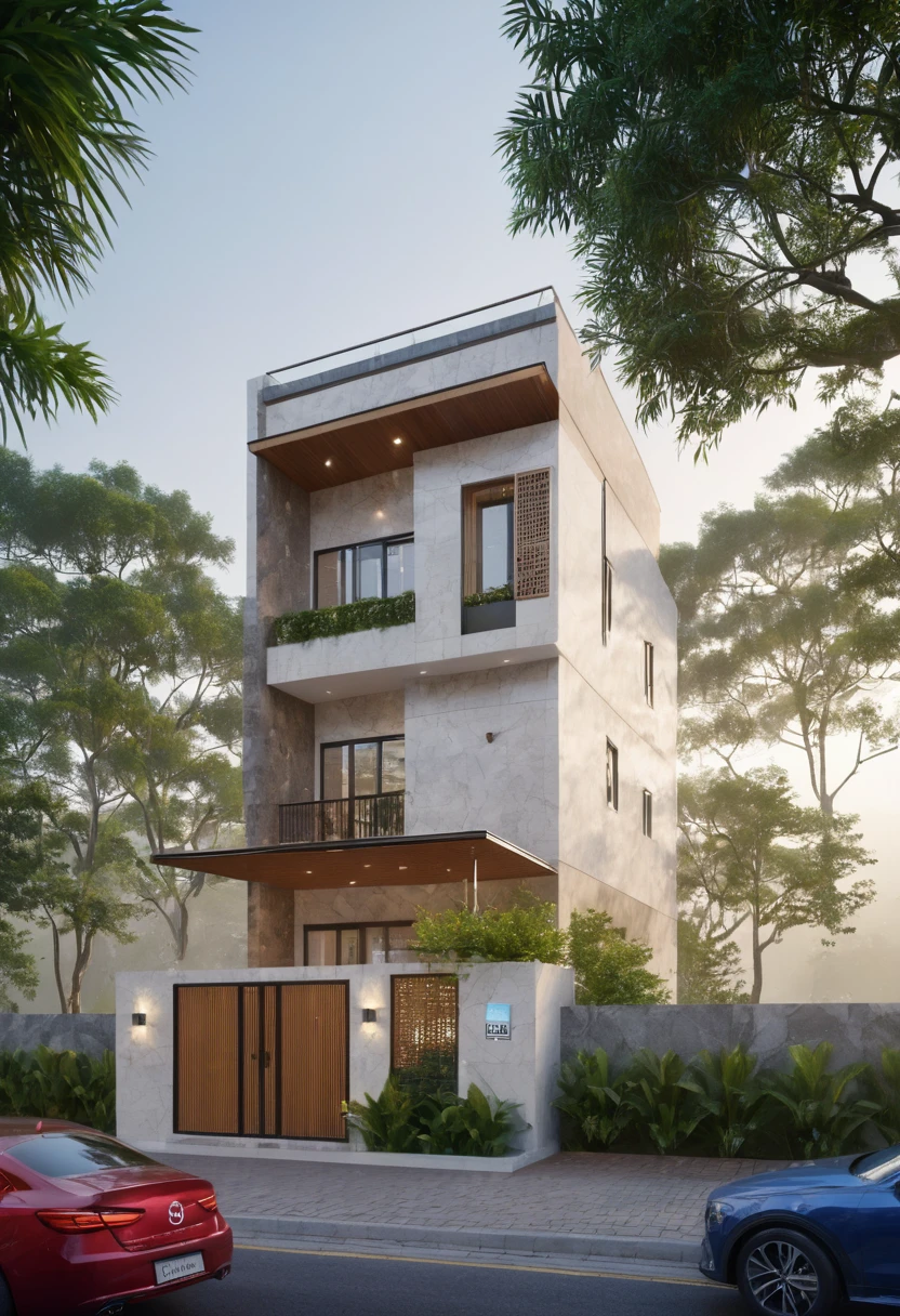 exterior of 5-storey hotel, 12m frontage, street house, tiled roof, Mediterranean style, foggy town background of Da Lat, impressive, impression, sharp and detailed, ((8k)), soothing and cozy landscape, peaceful wooden mansion, ((UHD)), 8k, high quality detail, super realistic attracted lighting
