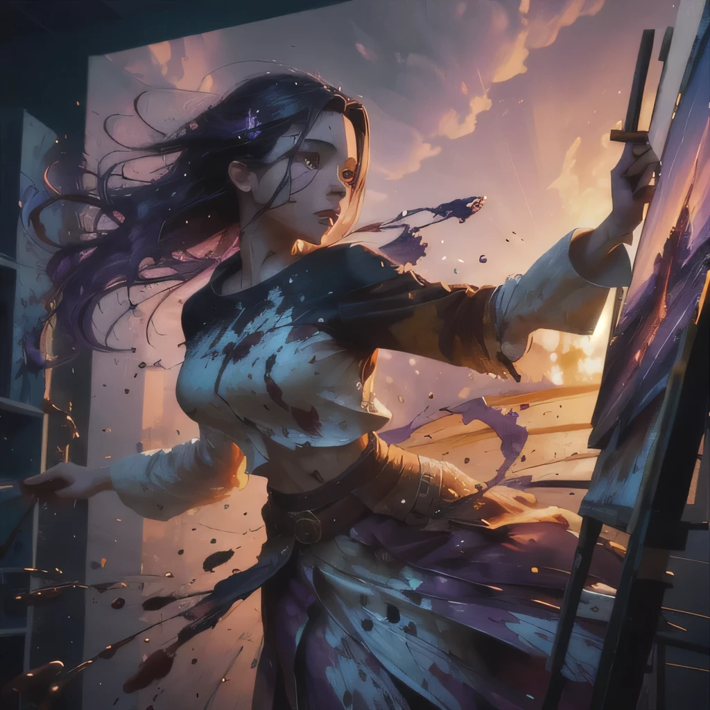 sunset lighting, cinematic perfect light, dramatic lighting, (Paint colliding and splashing on the canvas), purple_flower,
