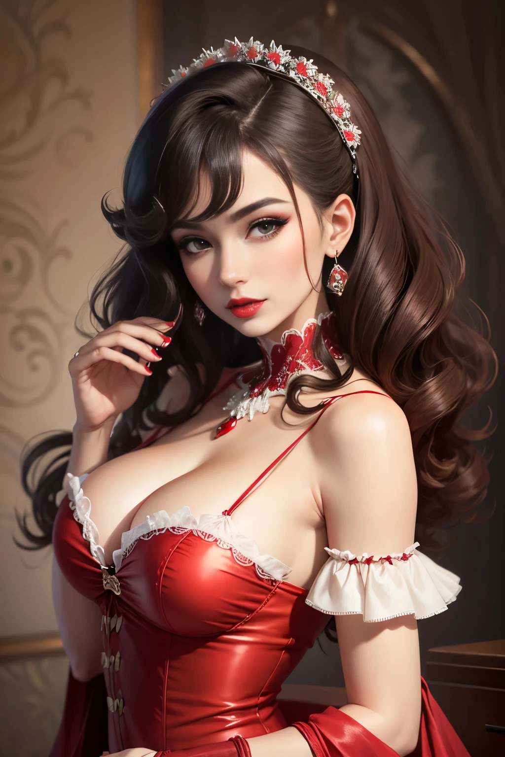 Perm hair woman, dressed like Scarllet Johasson, seductive eyes, red lips, fingers --style realistic-imagine -