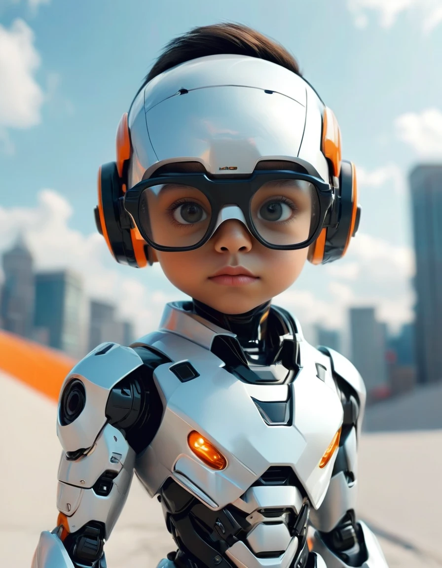 make a cute 's A.I robot, male, face wearing glasses, nose and mouth uncovered, use orange and black, black shoes, wear a helmet and glasses, pointing straight at the camera, use a white background. (HD, 8K, futuristic, 3D, details)
