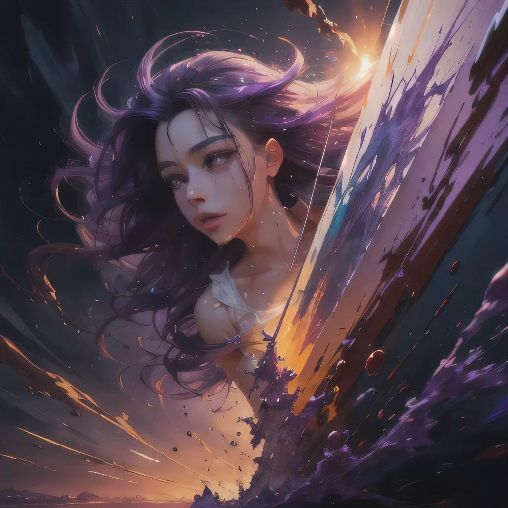 sunset lighting, cinematic perfect light, dramatic lighting, (Paint colliding and splashing on the canvas), purple_flower,