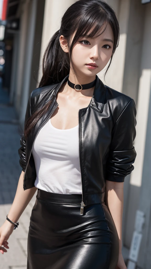(masterpiece, Highest quality, 8K, Sharp focus, Depth of written boundary, Best Shadow, Perfect lighting, High resolution, Realistic skin texture, Highly detailed background), Anime Style, Long Angle Shot, alone, 1 female, （ Black Eye, White skin, Black hair in a ponytail, choker, Small breasts, slim, compensate, eyeliner, Gloss), She works in the Japanese city of, noon, null, Waning Moon, Wearing a nice black jacket and a tight skirt.