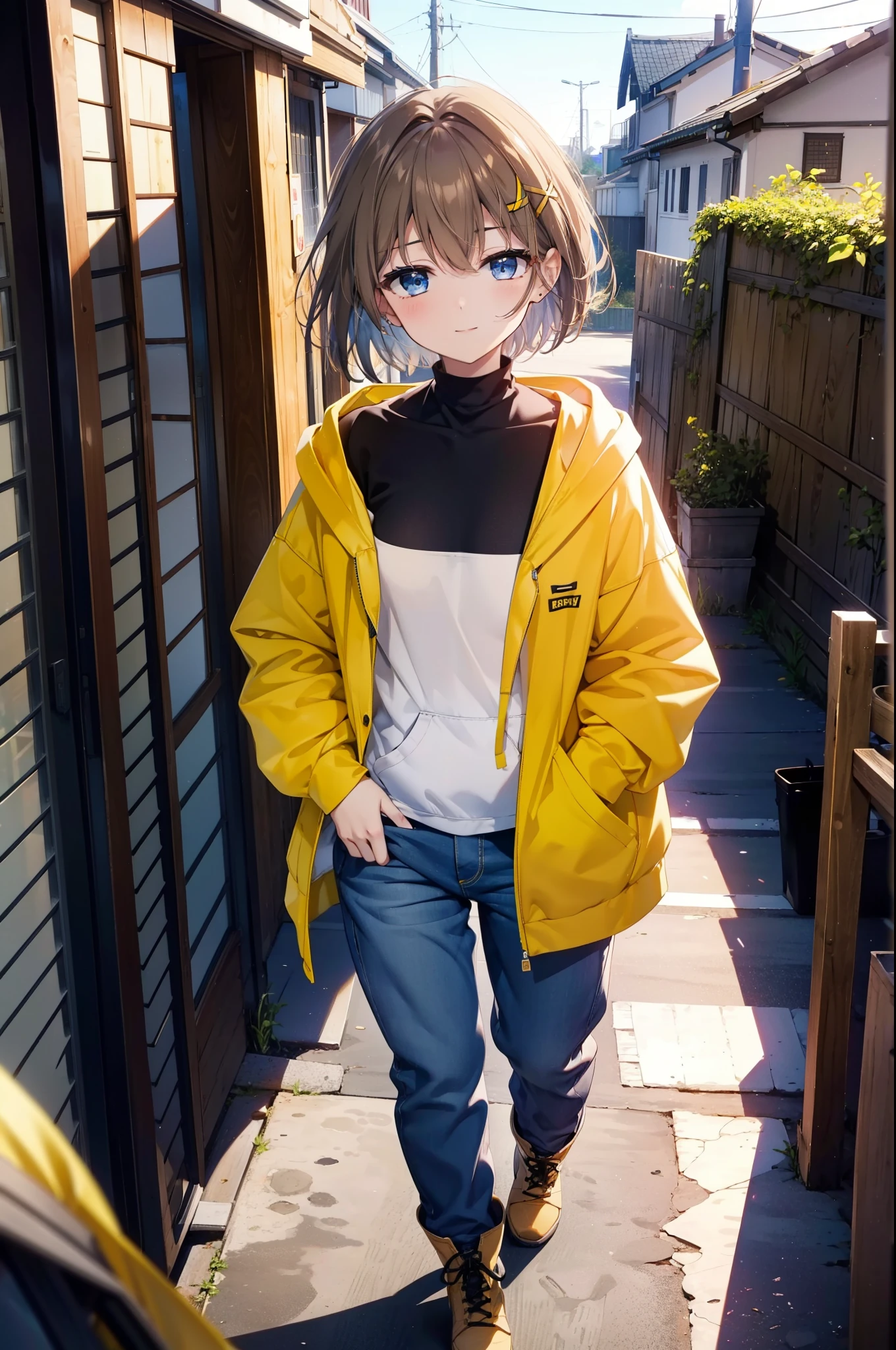 Hayate Yagami, short hair, blue eyes, Dark brown hair, hair ornaments, x hair ornaments,happy smile, smile, Close your mouth,blush,Oversized yellow hoodie,jeans,short boots,Walking,whole bodyがイラストに入るように,Daytime,Cold Sky,
break outdoors, Building district,
break looking at viewer, whole body,
break (masterpiece:1.2), Highest quality, High resolution, unity 8k wallpaper, (figure:0.8), (Beautiful attention to detail:1.6), Highly detailed face, Perfect lighting, Highly detailed CG, (Perfect hands, Perfect Anatomy),