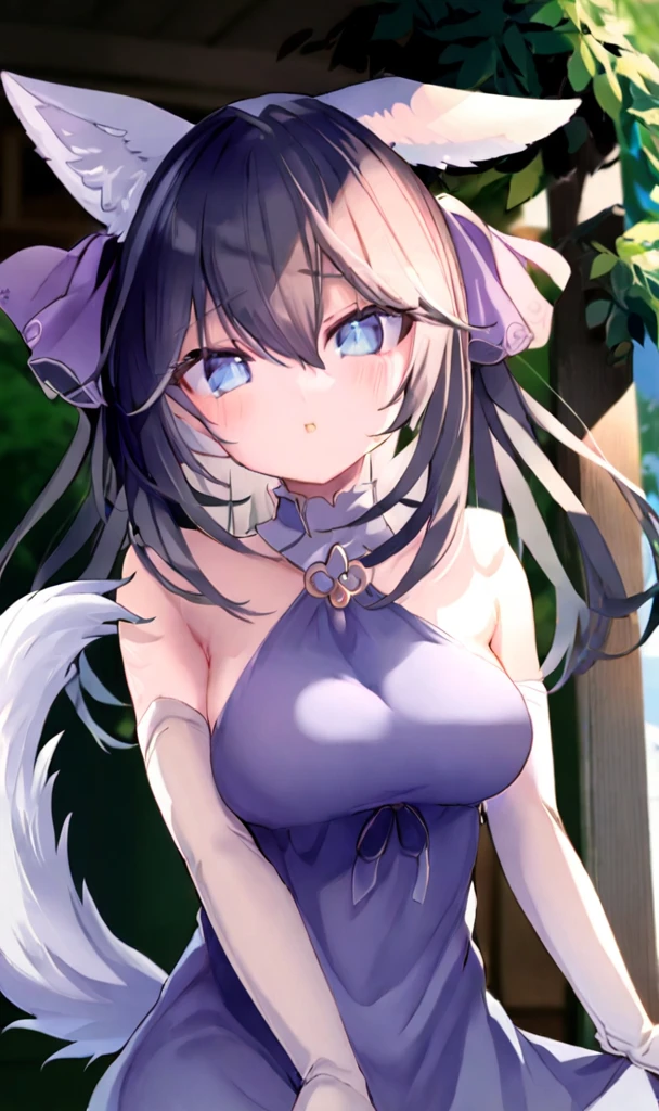 1 girl, Sensible, Alone, wide, BIG BREASTS, 17 year old ager, looking at the viewer, blush, Blue eyes, black hair with white highlights, gloves, dress, hair between the eyes, bare shoulders, Upper part of the body, outdoor, Chapped lips, wolf ears and tail, day, elbow gloves, halter neck, sunlight, many, joya