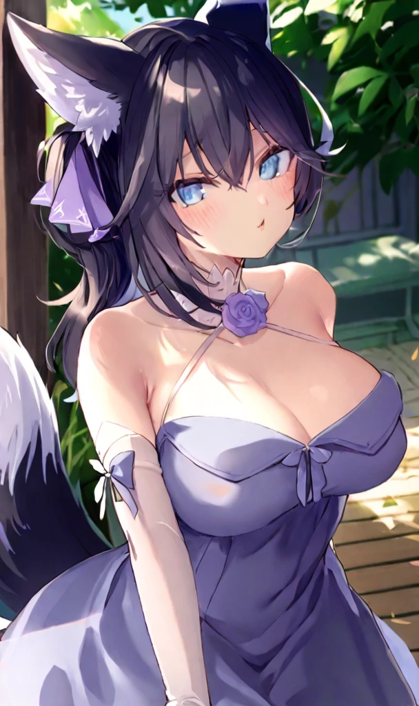 1 girl, Sensible, Alone, wide, BIG BREASTS, , looking at the viewer, blush, Blue eyes, black hair with white highlights, gloves, dress, hair between the eyes, bare shoulders, Upper part of the body, outdoor, Chapped lips, wolf ears and tail, day, elbow gloves, halter neck, sunlight, many, joya