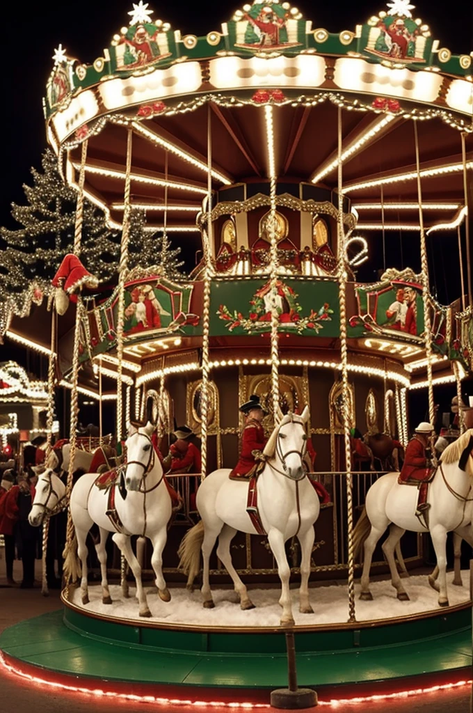 I want a carousel during the Christmas season where the horses have hats or horns.
