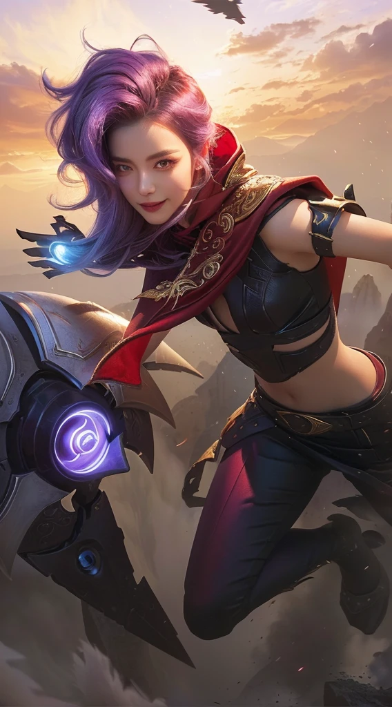 a woman with purple hair and a red cape, beautiful detailed eyes, beautiful detailed lips, smile, extremely detailed face, long eyelashes, intricate costume design, dramatic lighting, fantasy landscape, cinematic composition, dramatic colors, ethereal atmosphere, fantastical elements, digital painting, masterpiece, hyper detailed, 8k, photorealistic