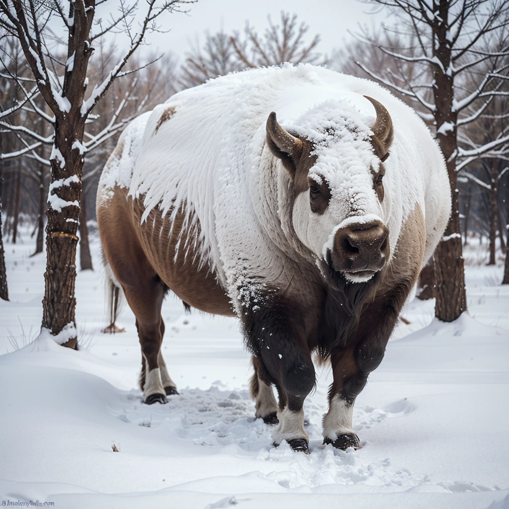 A buffalo is walking through the snow, covered entirely in frost. It looks surreal and mysterious.