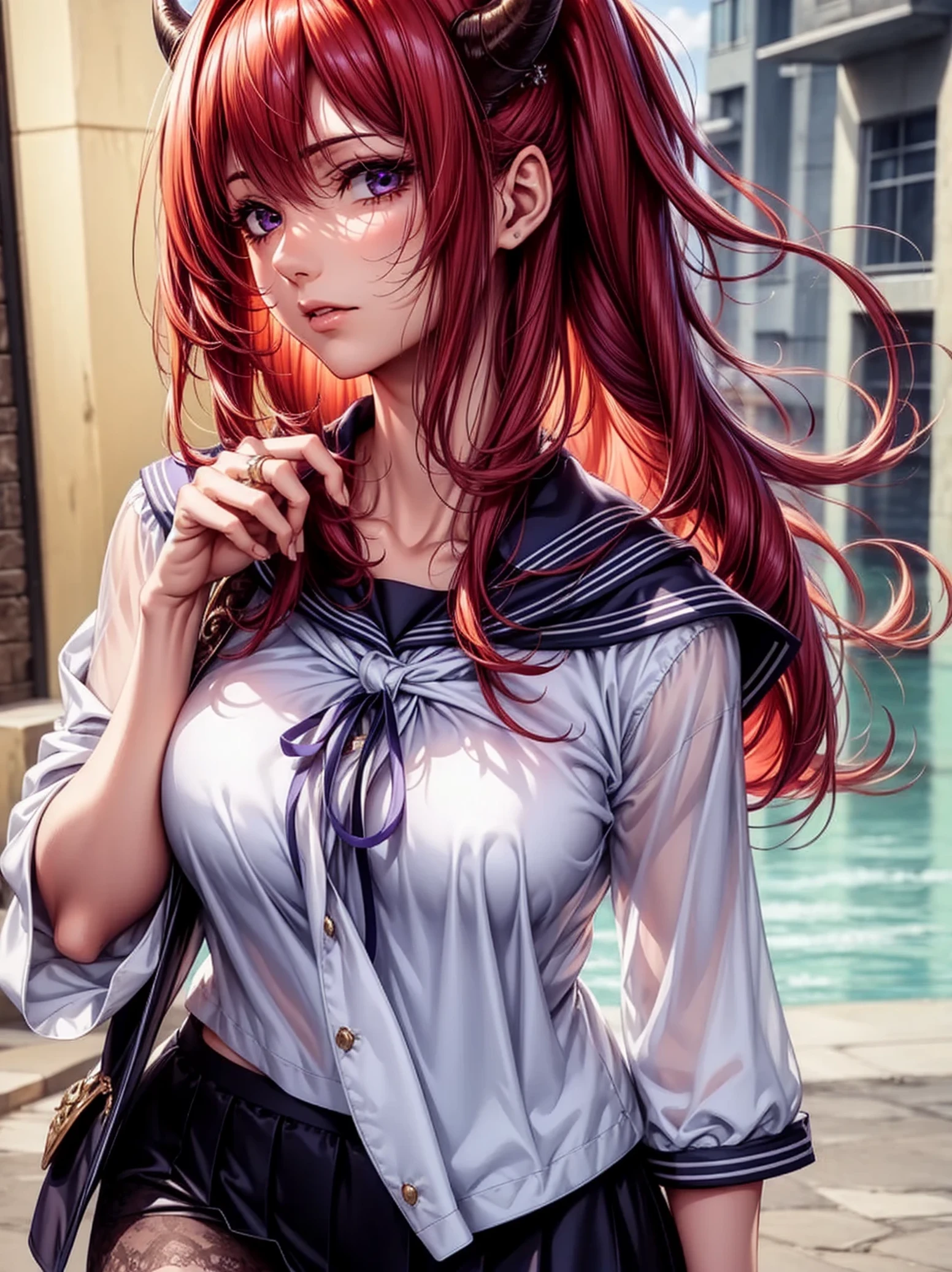 top-quality、tmasterpiece、Very high resolution、super high image quality、High-quality pixels)、perfect eyes, perfect face, perfect body figure，solo，8K, large ，(Detailed description of hair), (Detailed description of face),(Detailed description of body), fair and clear skin, matchless beauty, long legged, red hair details expressed, The details have been upgraded，opaque purple eyeball color, horns, bangs, hair_between_eyes, , demon_horns,  neck，cowboy shot，tall，sailor costume,