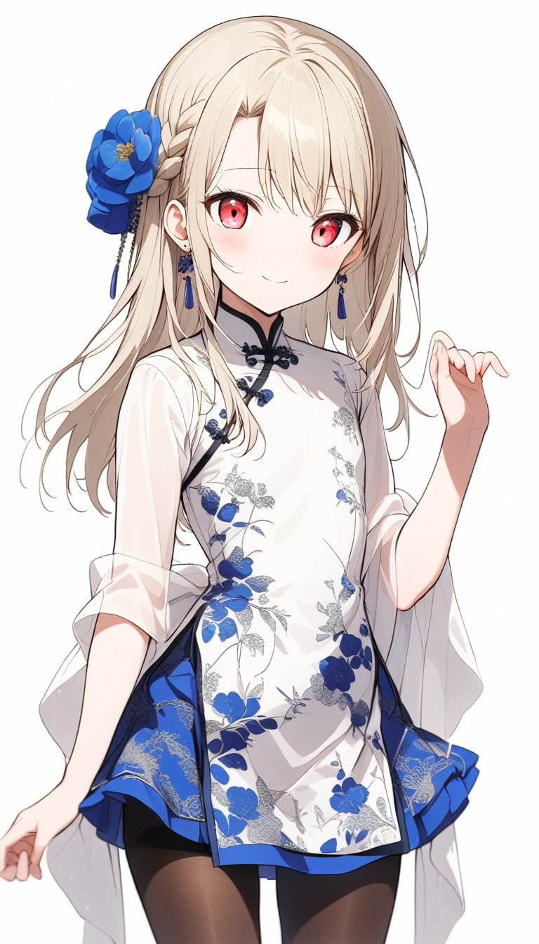 Chai Pao,Lonely,1 Girl,(Illyasviel von Eisbern),red_eye,Cream colored hair,(French Braid),smile,blue flower,chest,Idols wearing sexy underwear、shawl,Earrings,Floral,Show your hand,Long Hair,Looking at the audience,pantyhose,Print skirt,Simple Background,smile,Lonely,White Background
