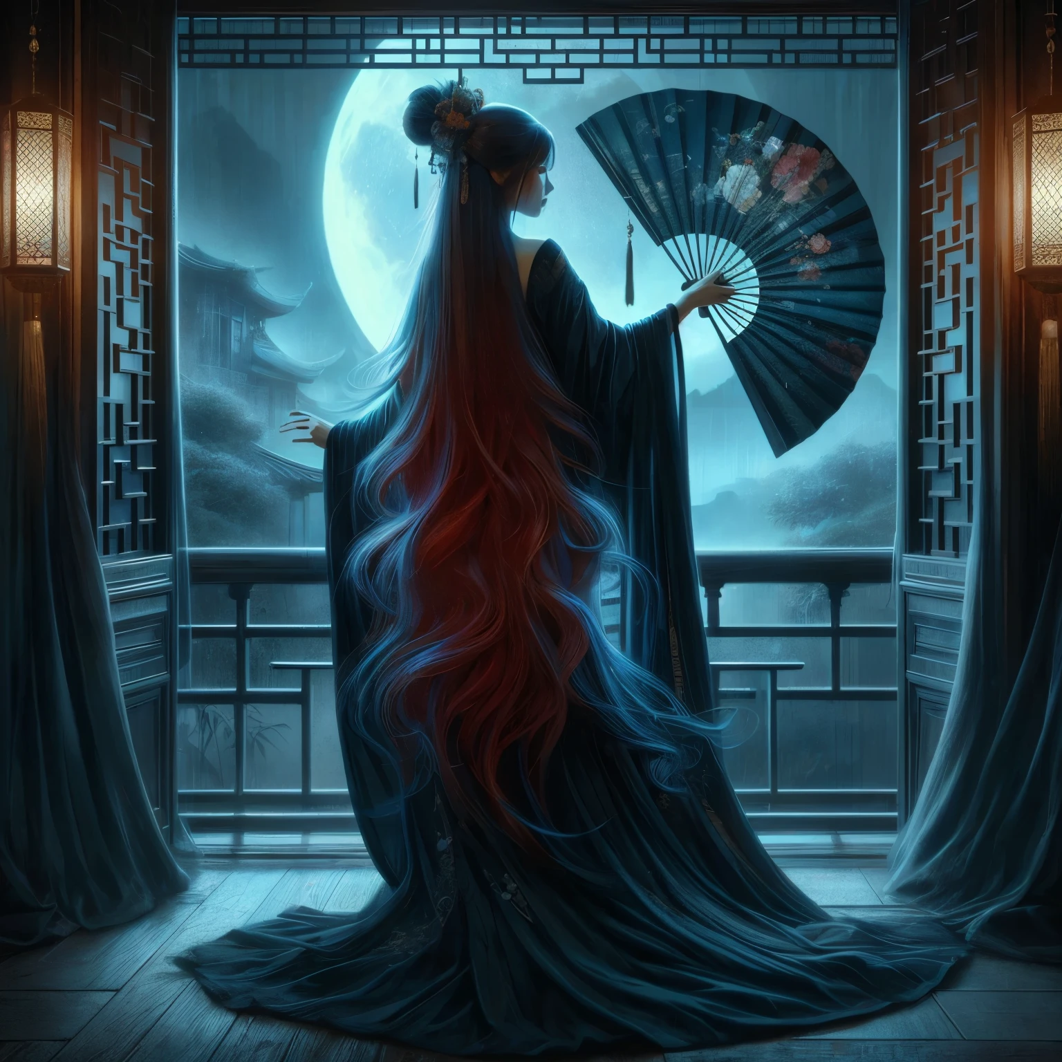 An ultra beautiful Asian woman long red-golden blue hair, holding a very ultra ornate long black ancient liquored Asian fighting fan, wearing a long black Chinese womans dressing gown, in a darkened room of moonlight streak in through the opened balcony window, Chinese garden, night sky, black ink, in the style of Caravaggio, Fan Zhongzheng, and Da Vinci, 8k resolution, hyperdetailed, photorealistic, an oil painting art style, Sfumato,