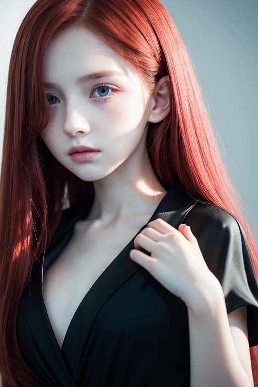 a girl with long red hair, mismatched eyes, pale skin, flat chest, wearing a black dress with a fresh pink blouse, elegant and refined style, match her mysterious and strong personality, impressive appearance, captivating gaze, flat chest, cinematic lighting, chromatic aberration, backlit, masterpiece, extreme fine details, high quality, 4k