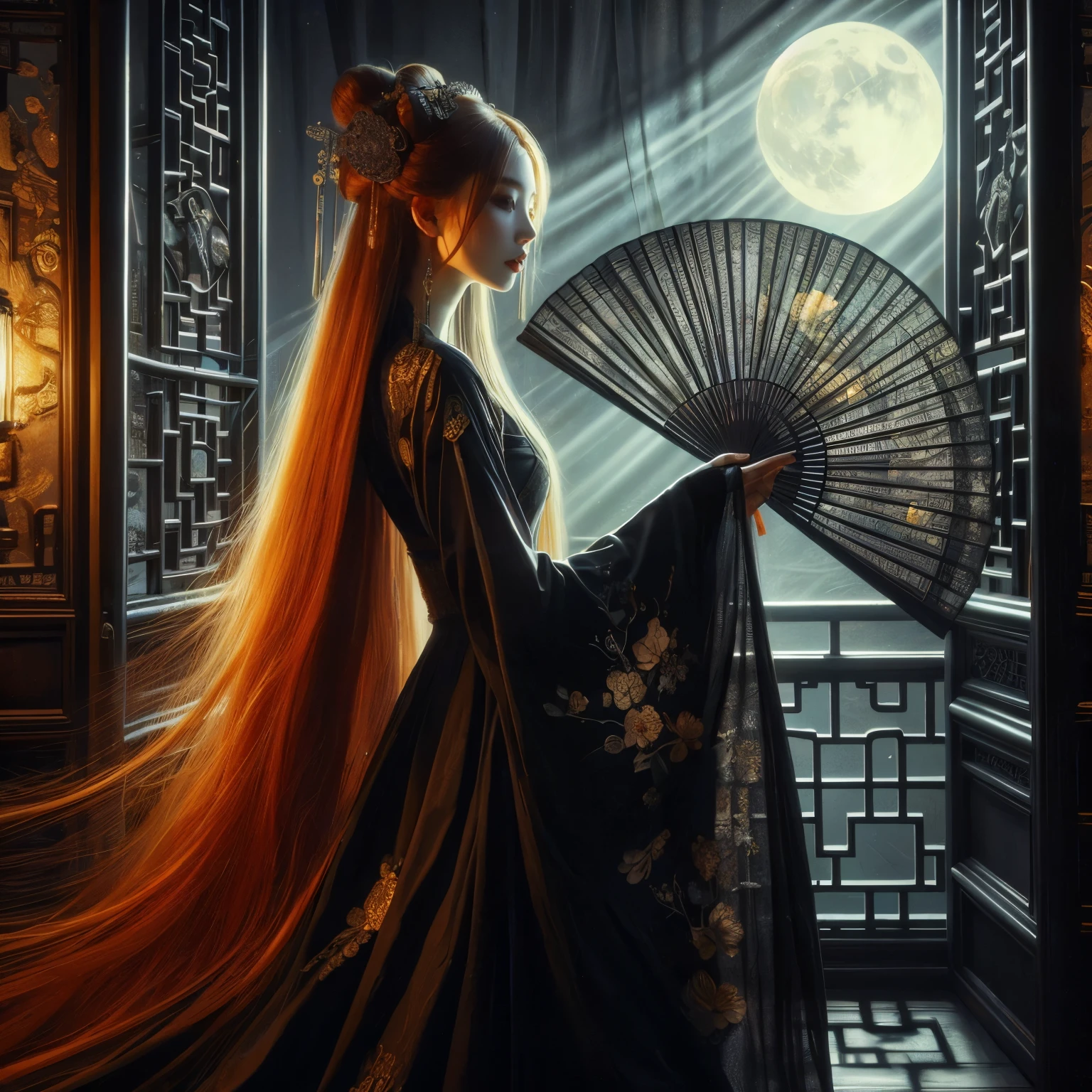 An ultra beautiful Asian woman long red-golden blonde hair, holding a very ultra ornate long black ancient liquored Asian fighting fan, wearing a long black Chinese women's dressing gown, in a darkened room of moonlight streak in through the opened balcony window, Chinese garden, night sky, black ink, in the style of Caravaggio, Fan Zhongzheng, and Da Vinci, 8k resolution, hyperdetailed, photorealistic, an oil painting art style, Sfumato,

