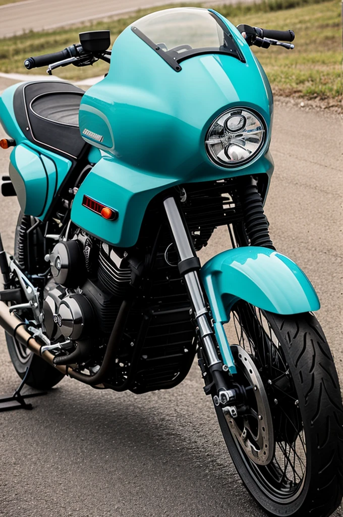 Motorcycle Keeway tx 200 front fender cut out round headlight without side covers turquoise chassis cafe racer style