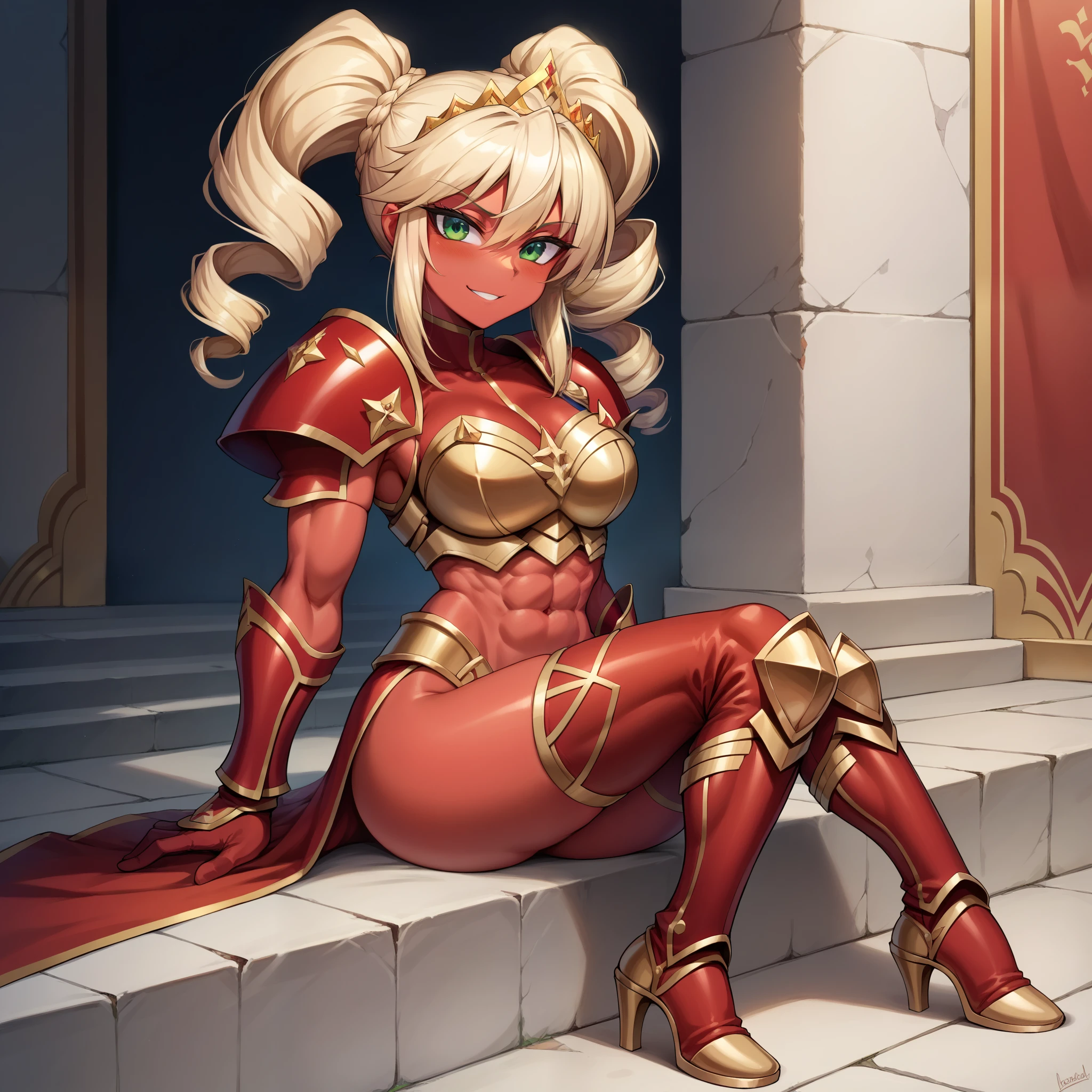 Lancer Artoria, elegant adult female, blonde, green eyes (yellow eyelashes) crown, turtleneck, full body sitting on a bench, showing ass to me, RED breastplate, RED skin (1SologirlRED skin:1.2), looking at viewer, shiny, armor, thigh highs, high boots, pauldrons shoulder armor, faulds, poleyn, RED gloves gauntlets, rerebrace, RED military armored boots, yordle muscular lean platinum blonde long twin tails hairstyle at the bedroom lustful smirking smile face red blushed, blush, strong abs, female body builder, tiara, twin drills hair, (masterpiece, best quality, ultra detailed, best shadow)