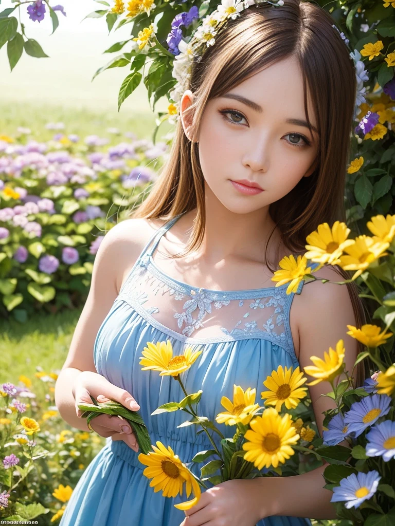 masterpice, (best quality), ((best detailed)), depth of field, a beautiful girl, beautiful face, nature, spirit, blossom, colorful landscape, flowers, butterflys, glowing dress, elements