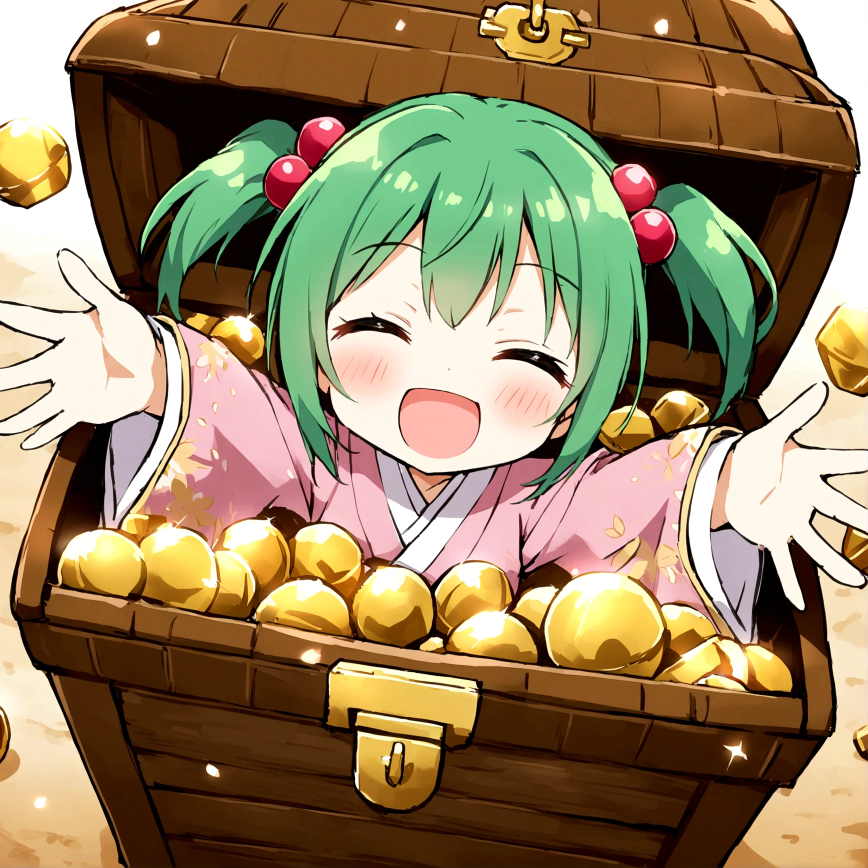1girl, solo, blush, smile, short hair, open mouth, hair ornament, long sleeves, twintails, closed eyes, japanese clothes, green hair, wide sleeves, kimono, outstretched arms, hair bobbles, Treasure Chest, in container, wooden Treasure Chest, in Treasure Chest, kisume
