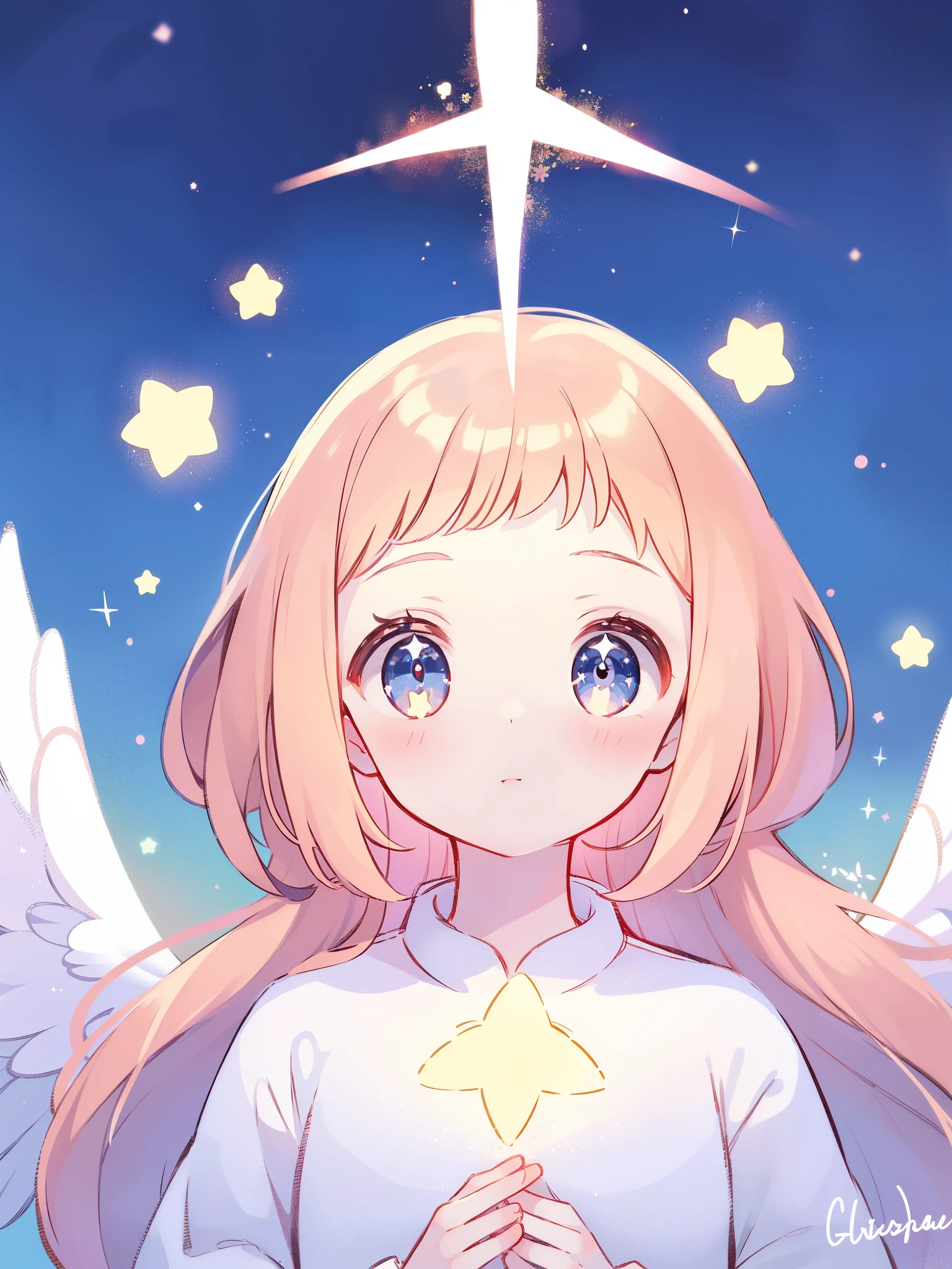 wishing star background, angel girl wearing an ethereal translucent dress, white feather angel wings, close up, sparkling detailed eyes, golden ratio face, perfect composition, highly detailed, ethereal, starry night, midjourney style