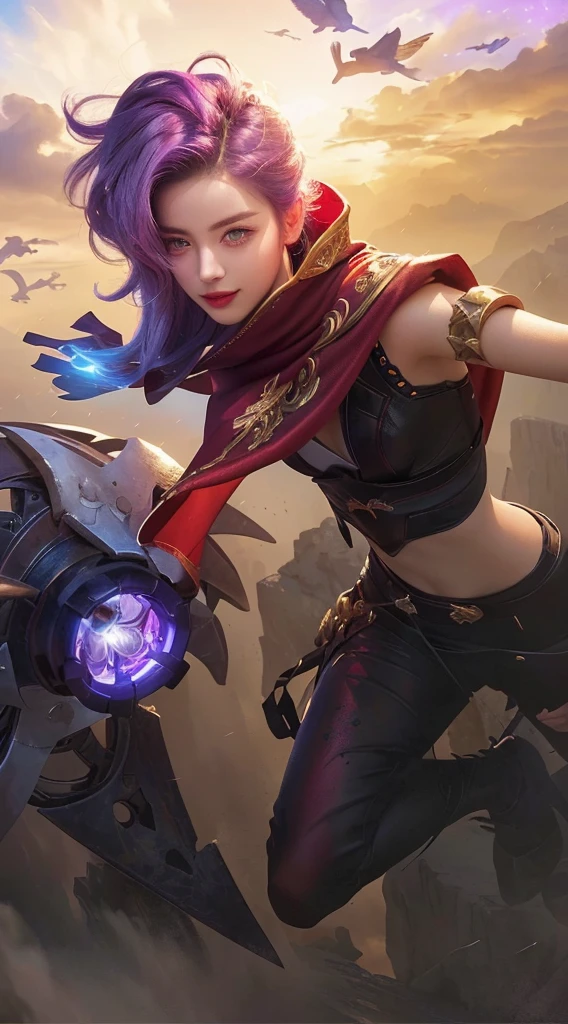 a woman with purple hair and a red cape holding a light, beautiful detailed eyes, beautiful detailed lips, smile, extremely detailed face, long eyelashes, intricate costume design, dramatic lighting, fantasy landscape, cinematic composition, dramatic colors, ethereal atmosphere, fantastical elements, digital painting, masterpiece, hyper detailed, 8k, photorealistic