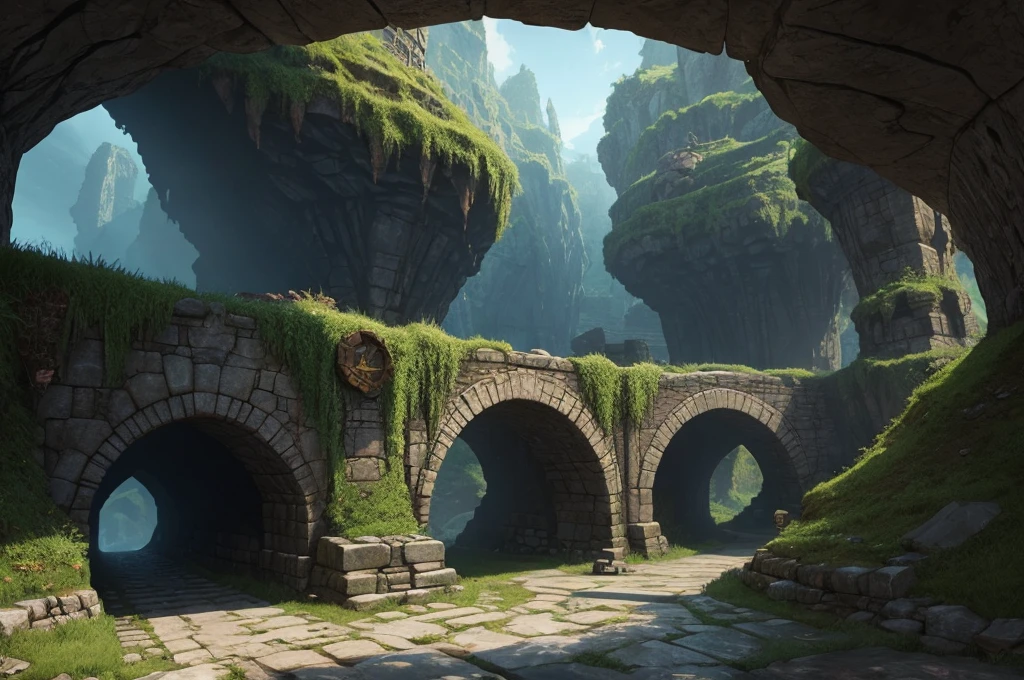 an underground bridge carved into the stones (digital art, fantasy art, RPG art)
