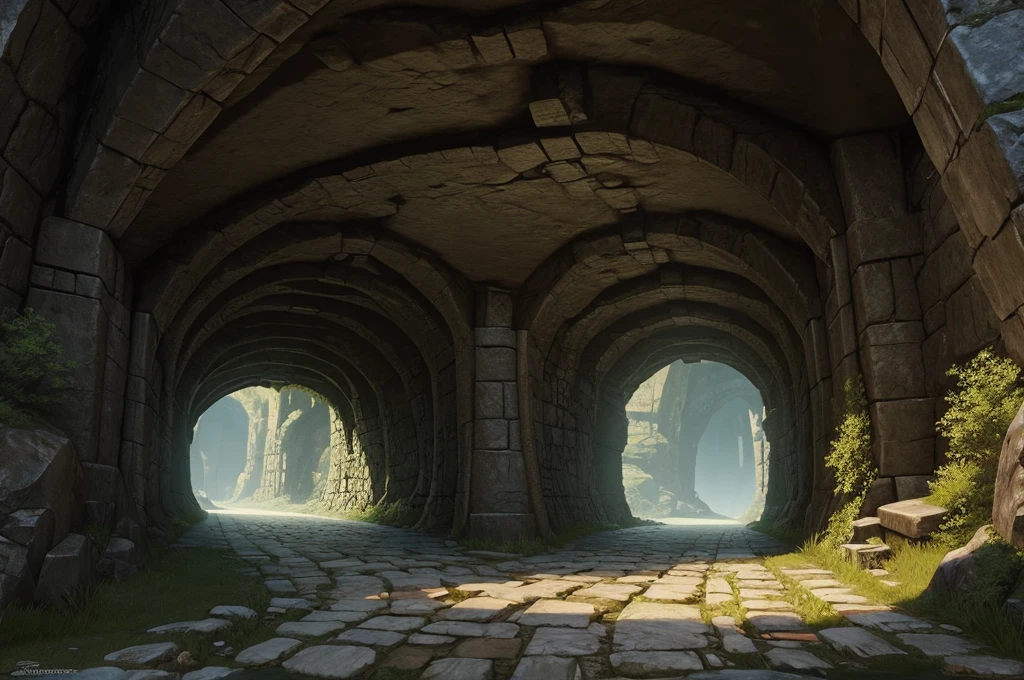  an underground bridge carved into the stones (digital art, fantasy art, RPG art)