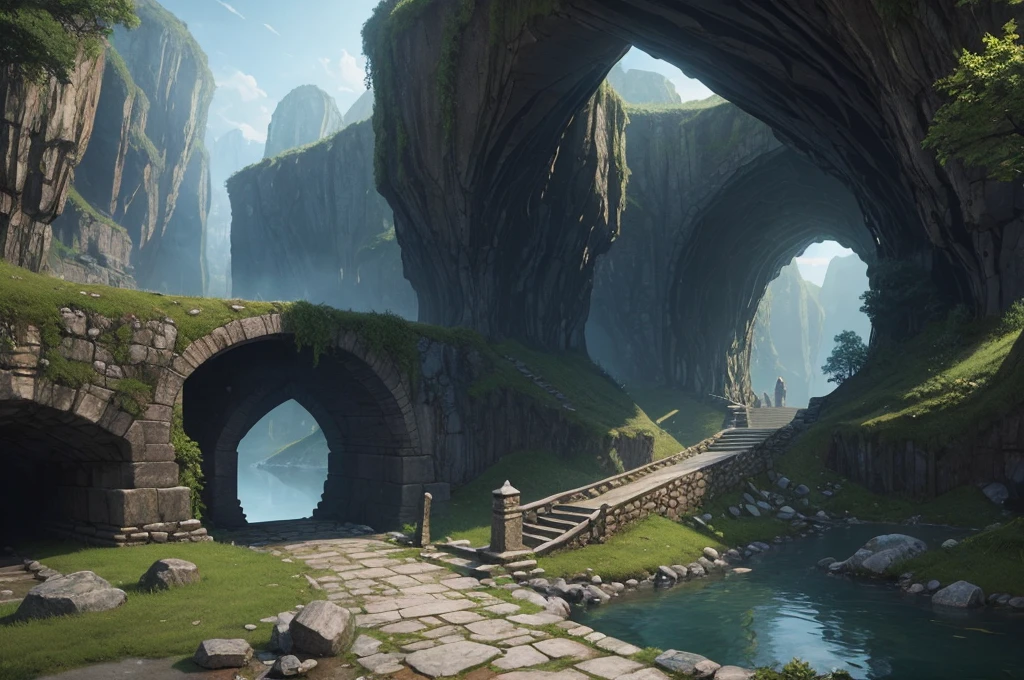  an underground bridge carved into the stones (digital art, fantasy art, RPG art)