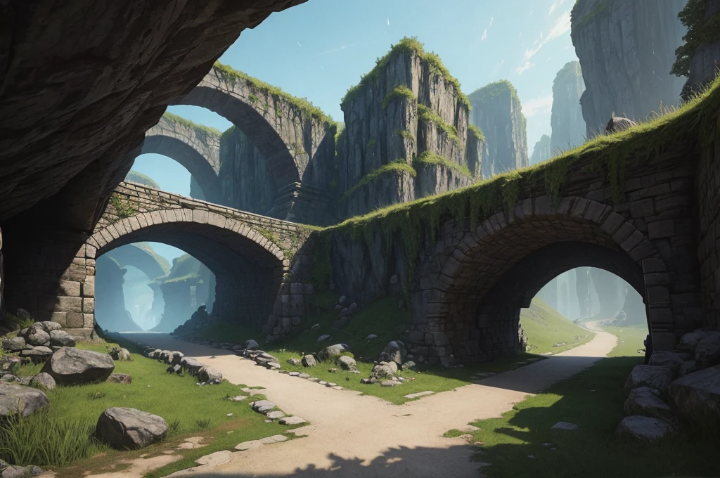 an underground bridge carved into the stones (digital art, fantasy art, RPG art)